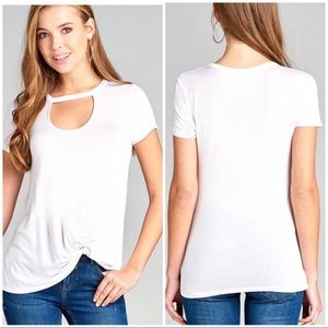 Ladies short sleeve choker v-neck top.